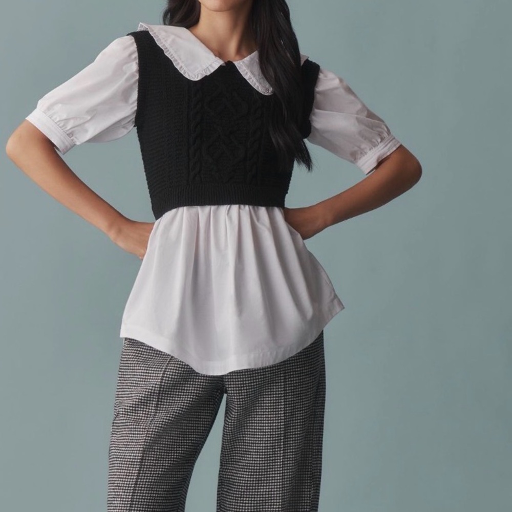 Anthropologie Maeve Black Knit Cropped Vest Twofer Peter Pan Collar White Blouse - Picture 5 of 6